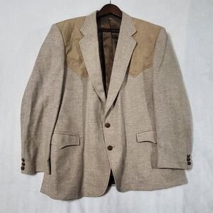 Circle S Blazer Mens 50R Beige Wool Herringbone Western Sport Coat Made USA